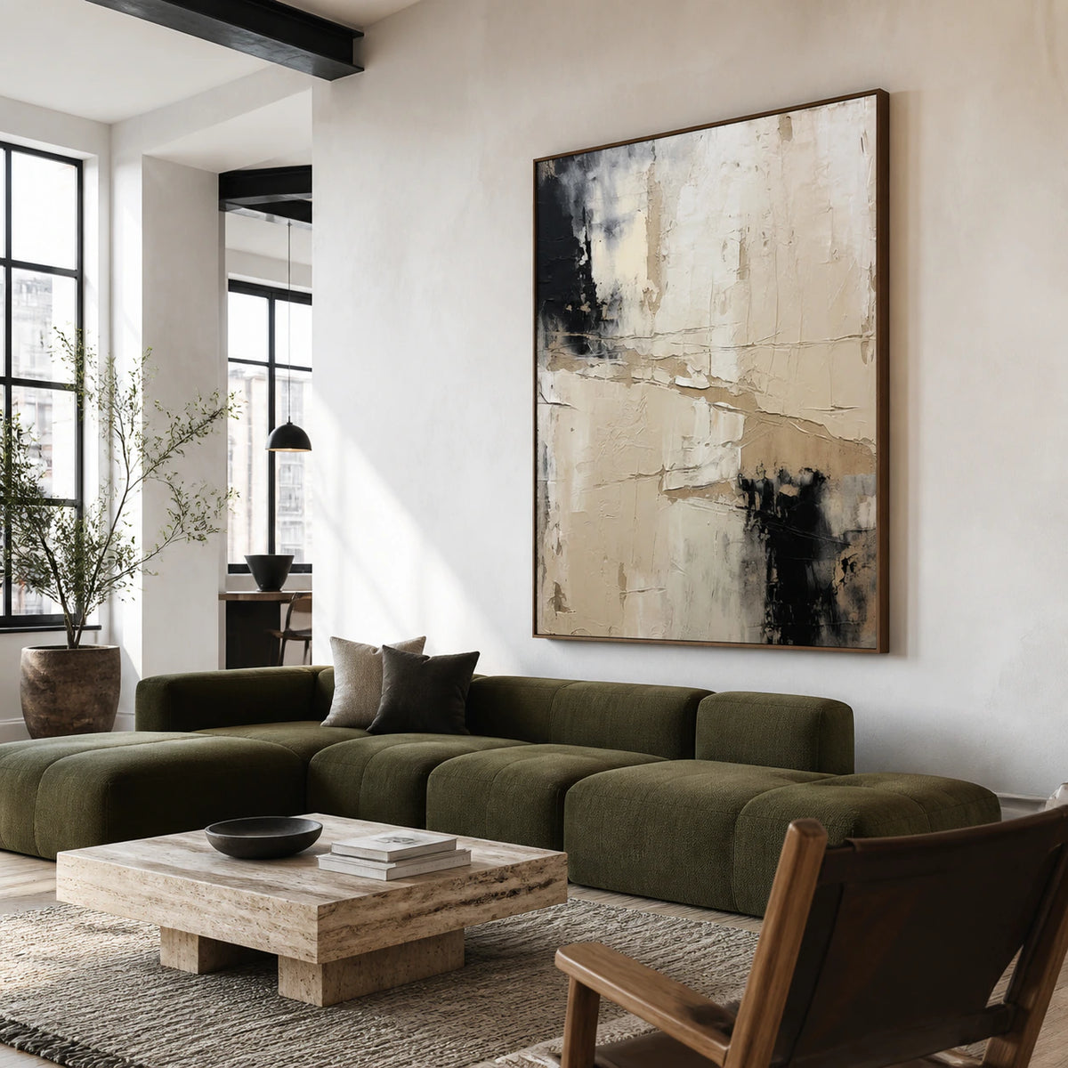 Bright living room with the large vertical textured abstract painting as the focal point.