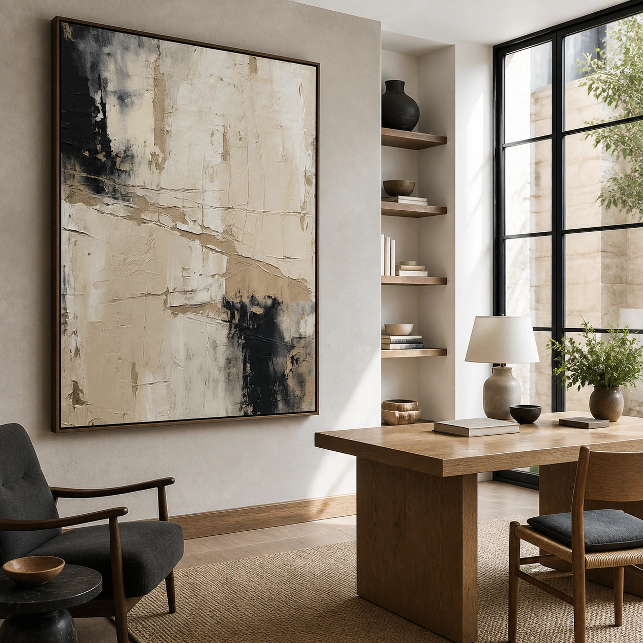 Airy reading office with the large ivory and charcoal abstract painting as the main visual focus.