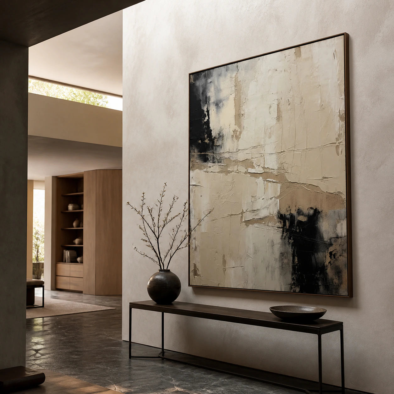 Gallery-scale foyer with the textured vertical abstract painting displayed at an impressive scale.