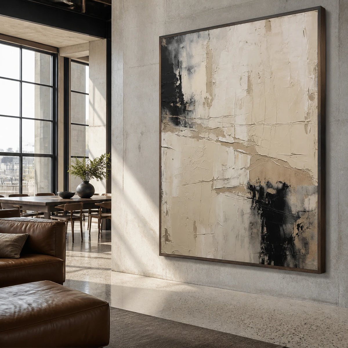Expansive loft hospitality interior featuring the large layered abstract painting as its focal artwork.