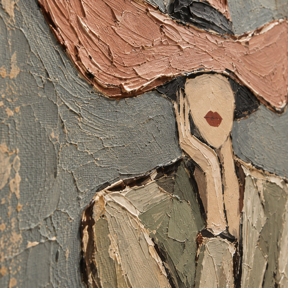 Terrace-Muse oil painting brushwork and impasto detail photographed from an oblique side angle