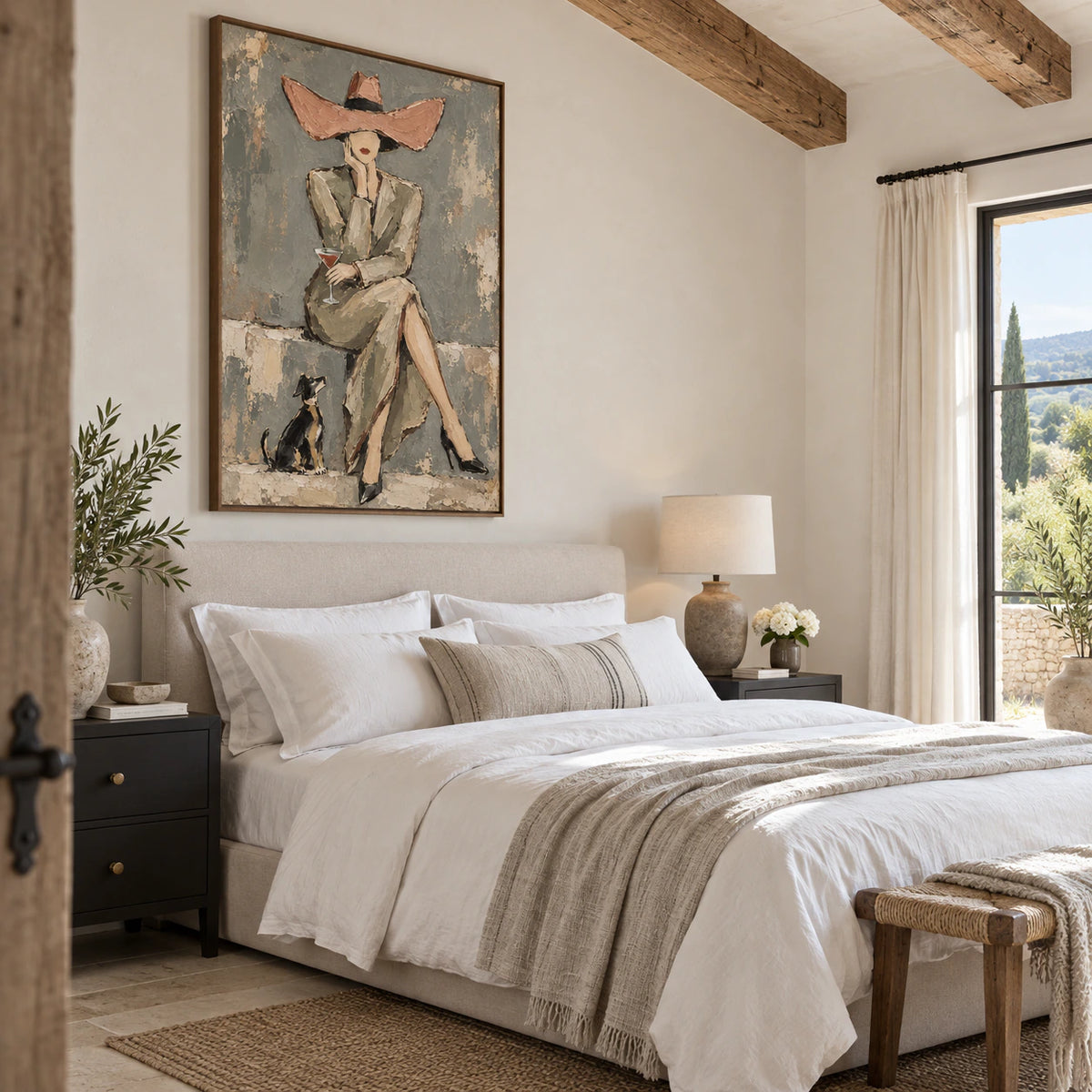 Terrace-Muse above a calm bedroom setting with soft natural light.