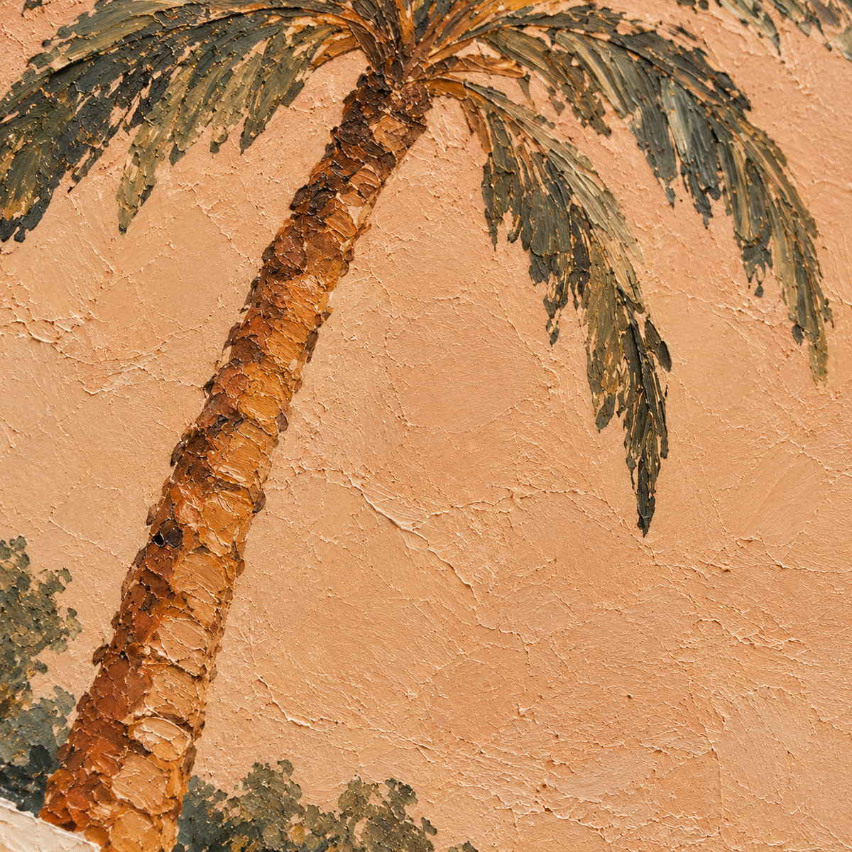 Terrace-Reverie oil painting brushwork and impasto detail photographed from an oblique side angle