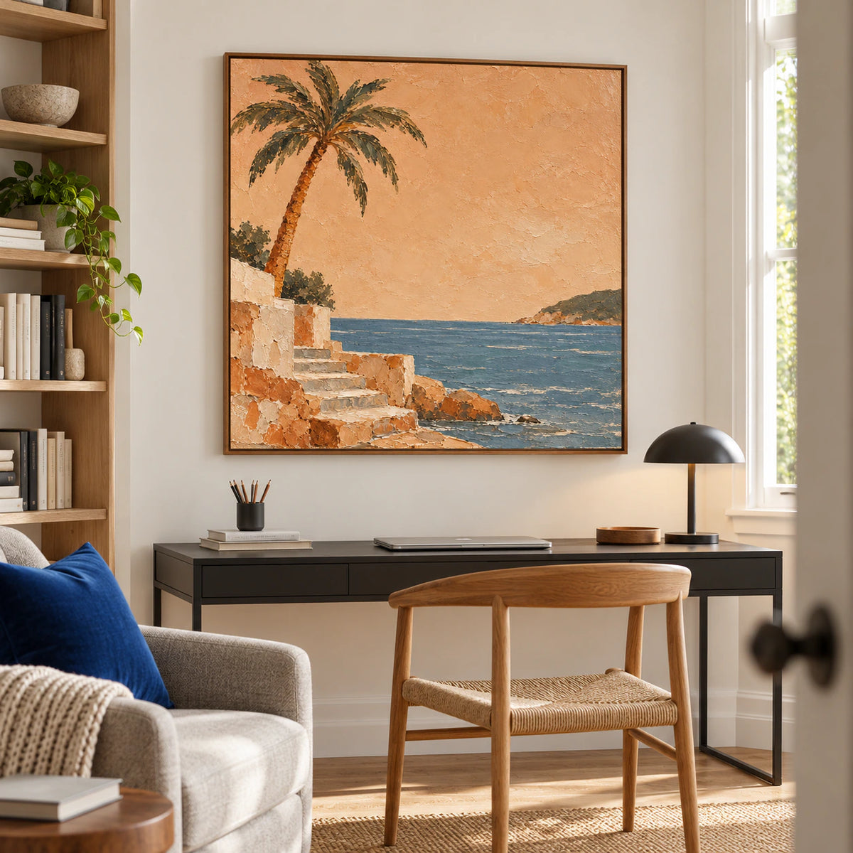 Square coastal artwork in an airy home office with a black writing desk, open shelving and clear daylight.