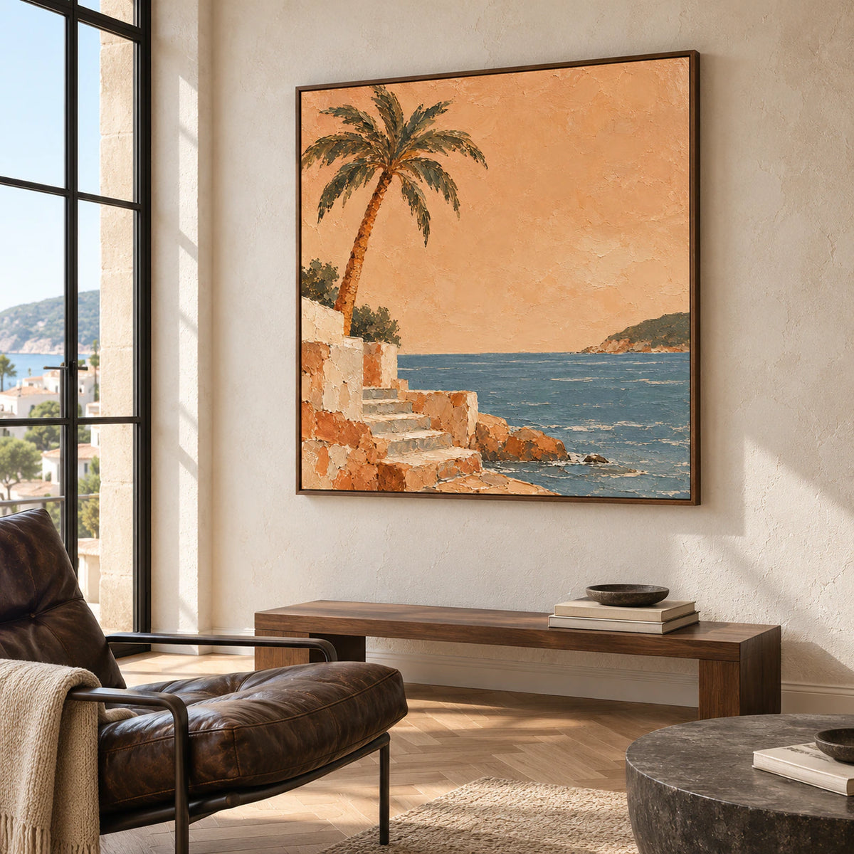 Square coastal artwork displayed prominently in an expansive loft interior with steel-framed windows and understated furnishings.