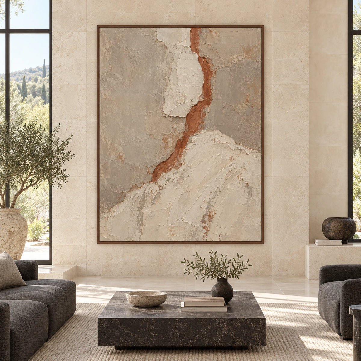 Terracotta-Fissure displayed at large scale in a bright architectural living space.