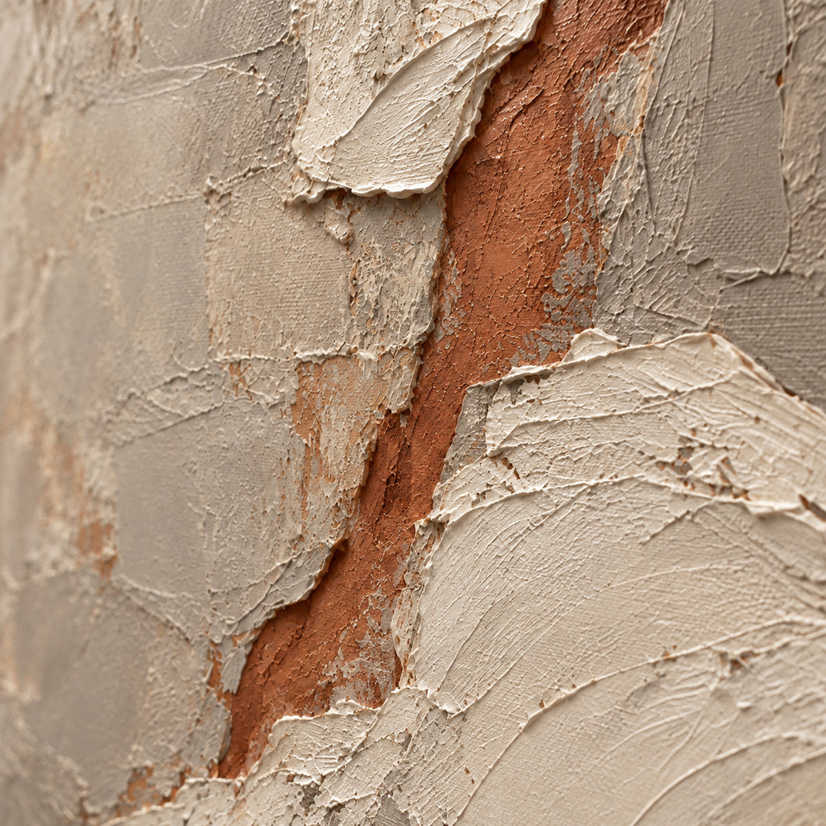 Terracotta-Fissure oil painting brushwork and impasto detail photographed from an oblique side angle