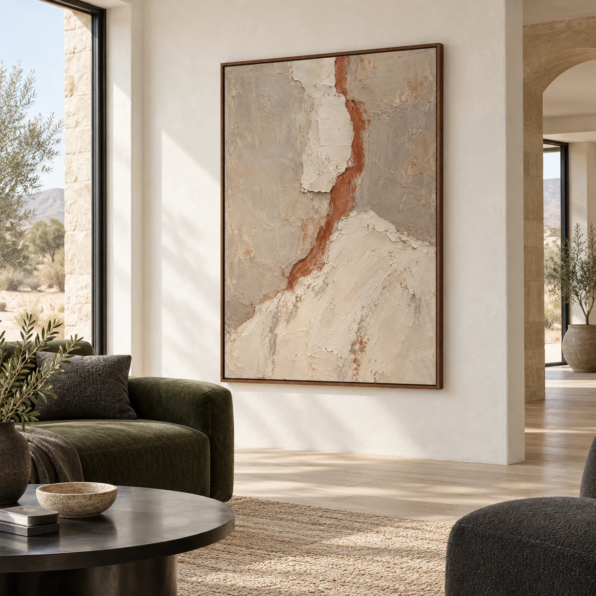 Terracotta-Fissure above a neutral sofa in a bright living room.