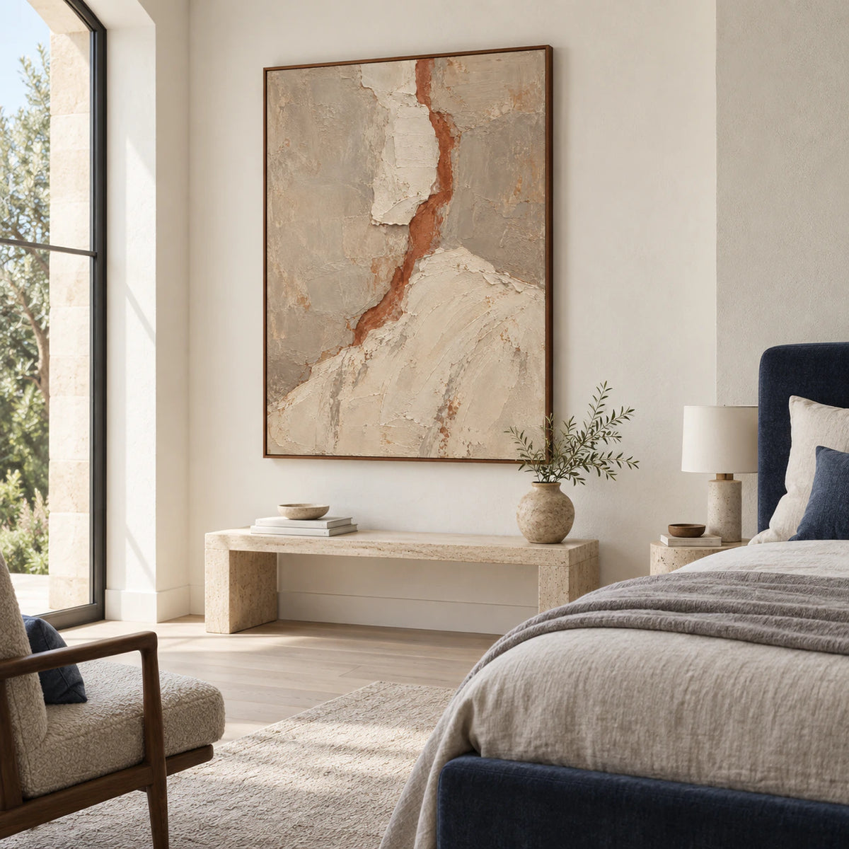 Terracotta-Fissure in a calm, softly lit bedroom.
