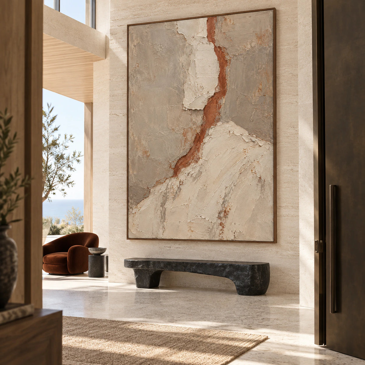 Terracotta-Fissure at gallery scale in a sunlit foyer.