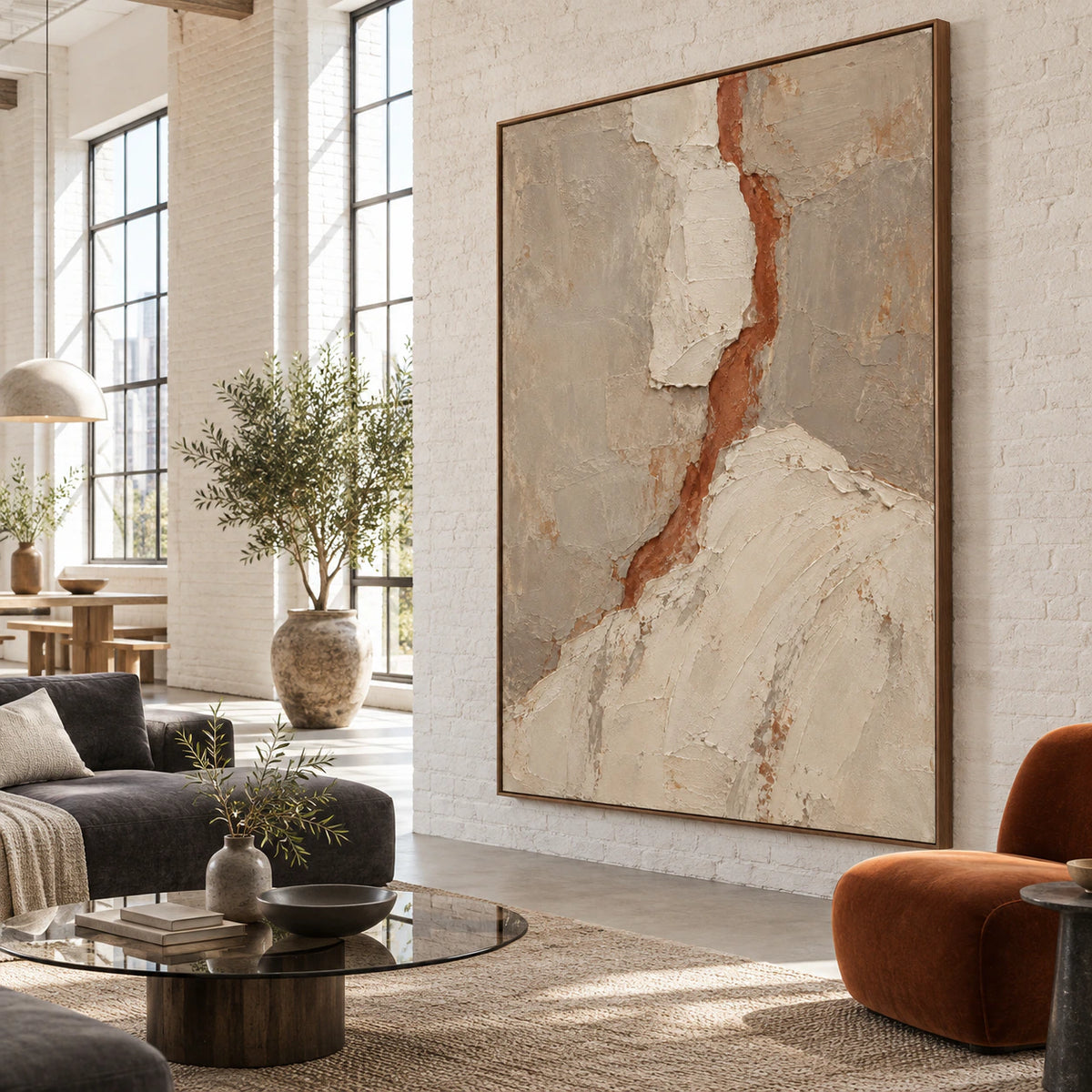 Terracotta-Fissure anchoring an expansive hospitality loft interior.