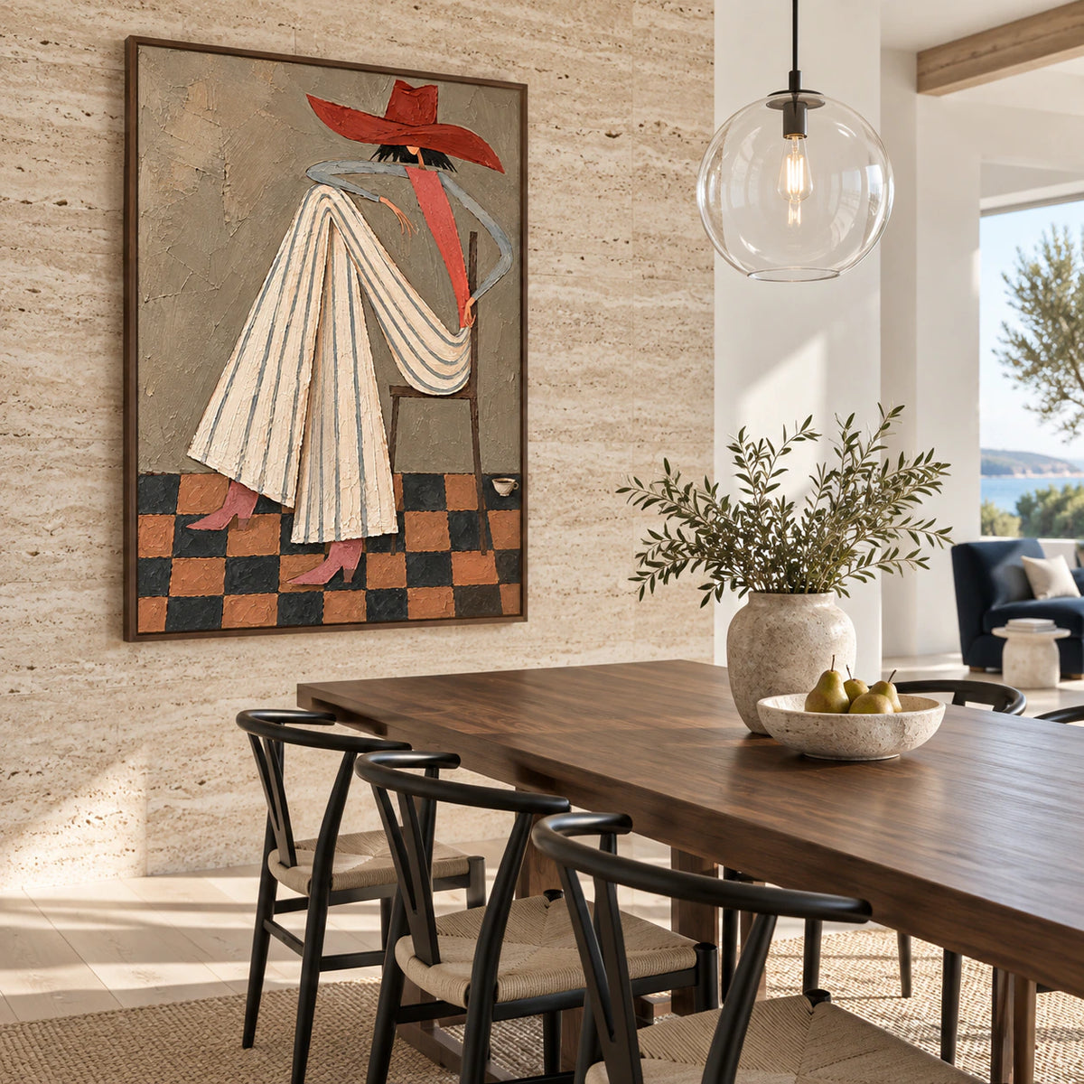 Terracotta-Interlude as the focal artwork in a refined daylight dining room.
