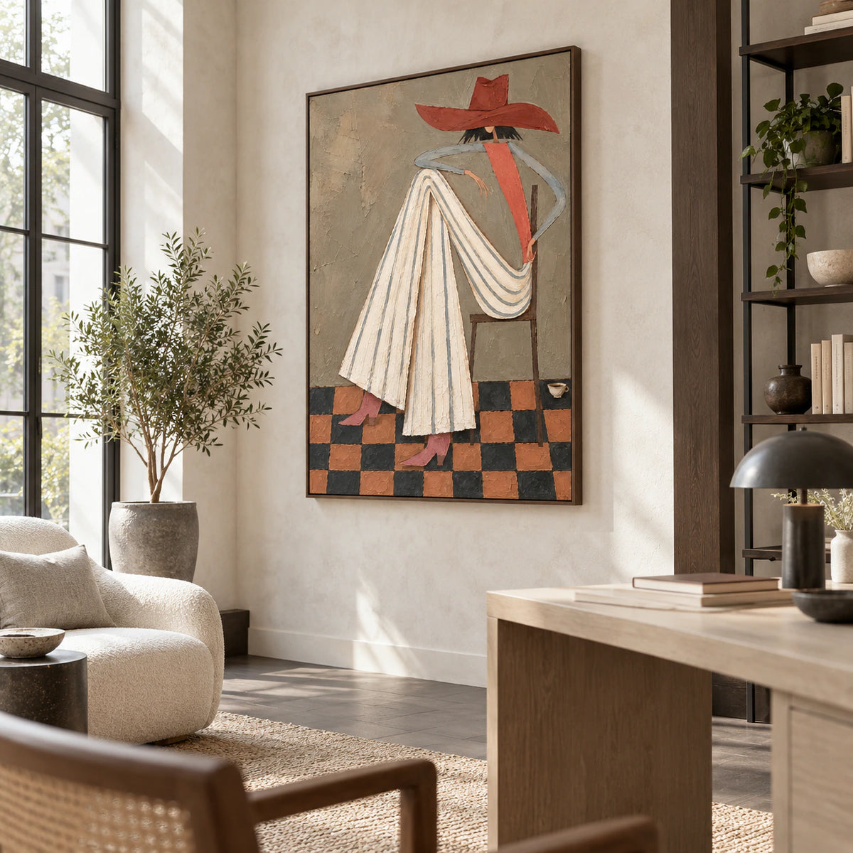 Terracotta-Interlude anchoring an airy reading and home-office space.