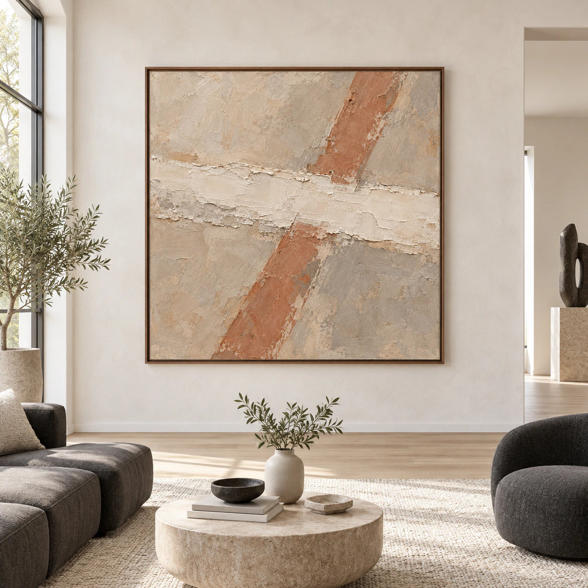 Large square Terracotta-Span painting displayed straight-on in a spacious contemporary interior.