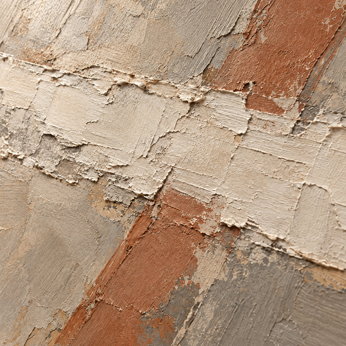 Terracotta-Span oil painting brushwork and impasto detail photographed from an oblique side angle