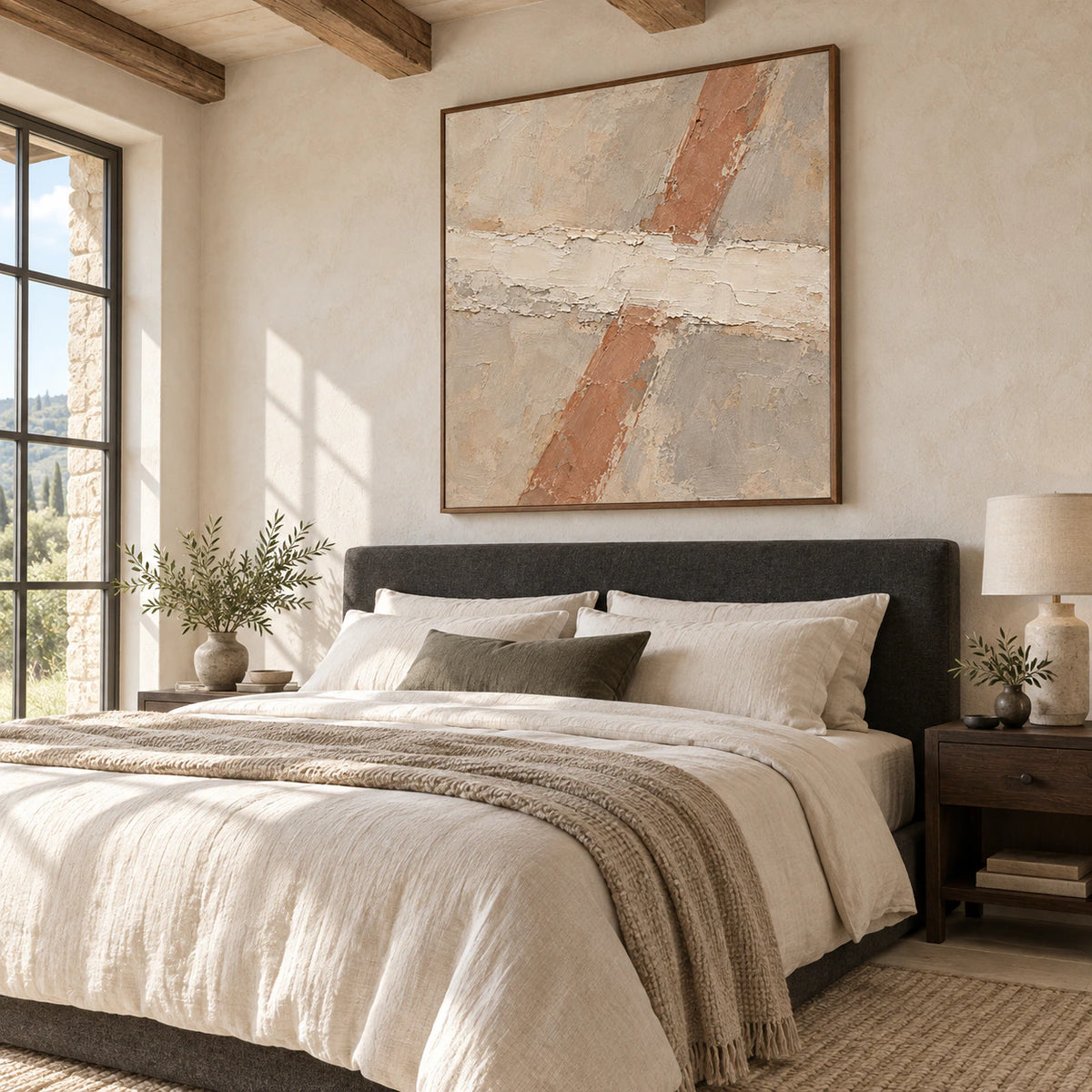 Terracotta-Span above a quiet bedroom seating area in soft natural light.