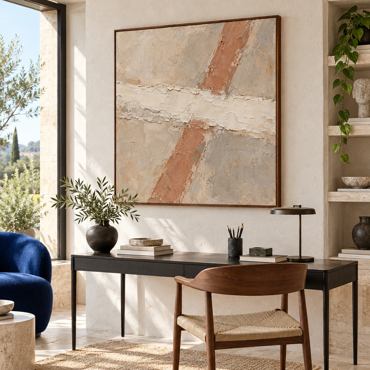 Terracotta-Span as the visual focus in an airy home office reading space.