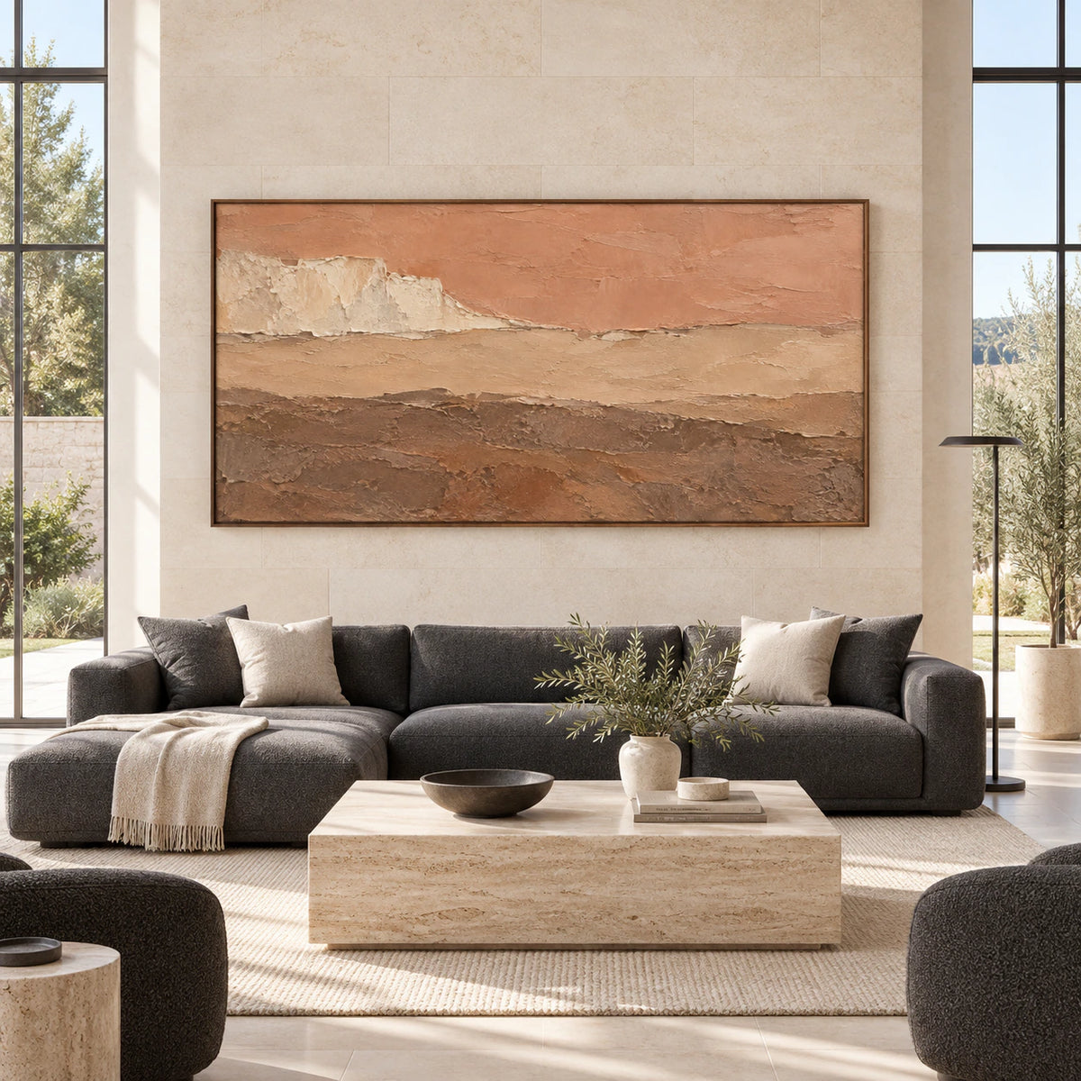 Terracotta-Strata displayed at large scale straight-on in a bright architectural living space.