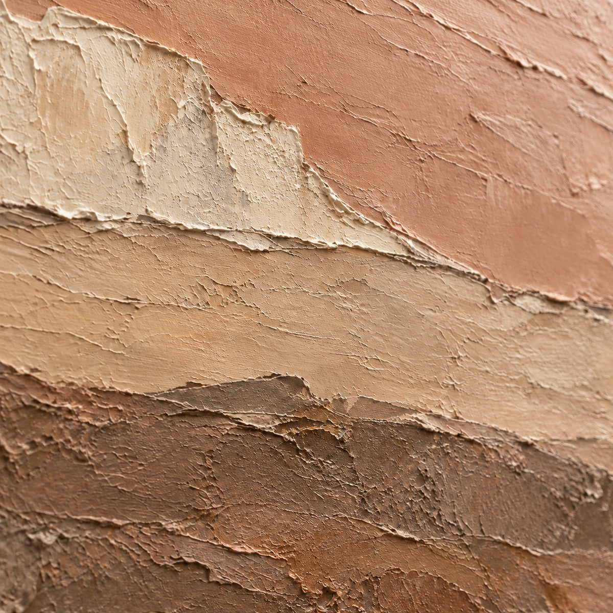 Terracotta-Strata oil painting brushwork and impasto detail photographed from an oblique side angle