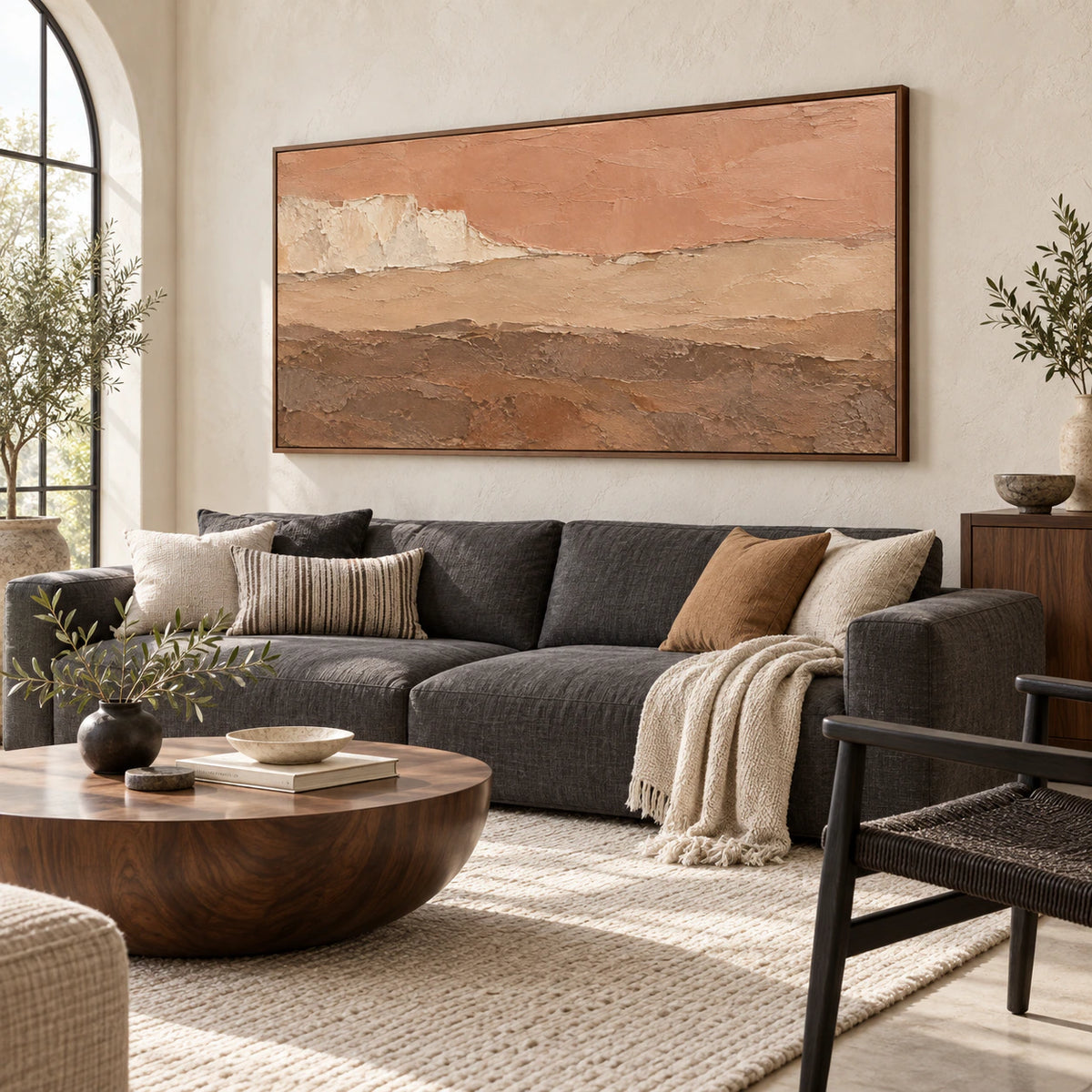 Terracotta-Strata as a large focal artwork in a bright contemporary living room.