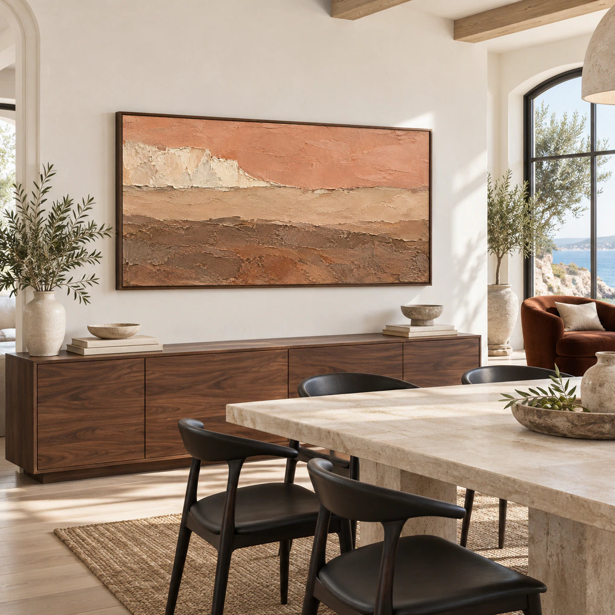 Terracotta-Strata displayed above a refined dining setting with daylight and sculptural furnishings.