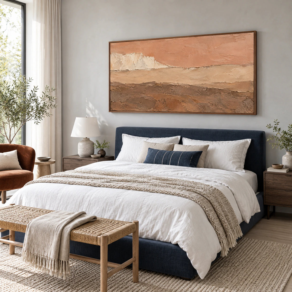 Terracotta-Strata as a calm, large-scale focal point in a quiet bedroom.