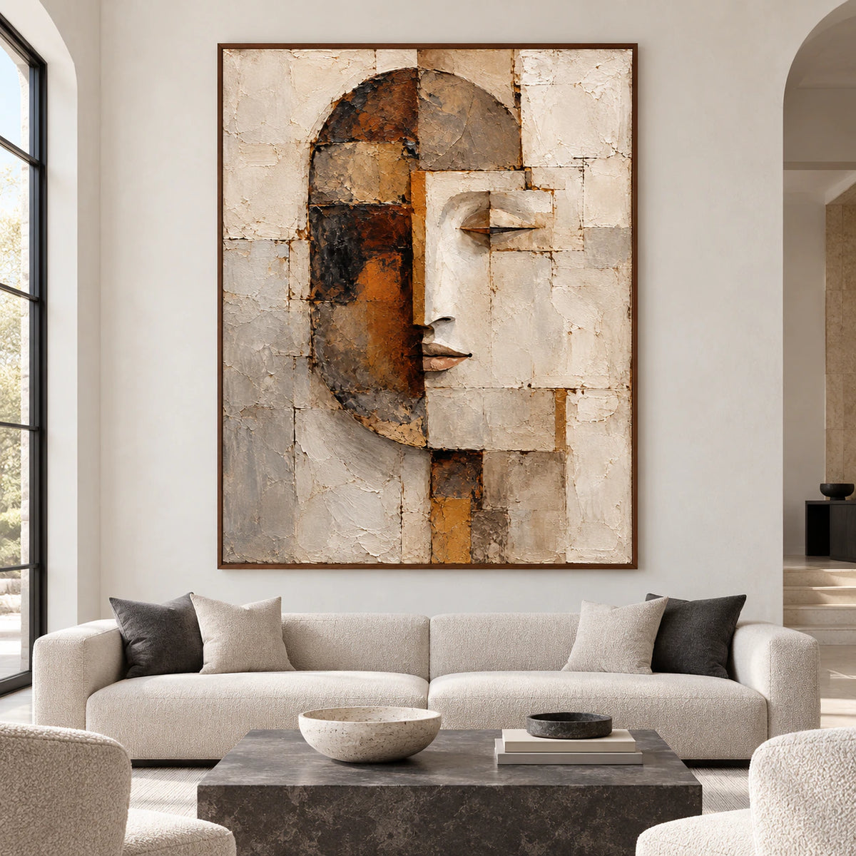 Large vertical abstract portrait displayed straight-on in a spacious, bright architectural living room.