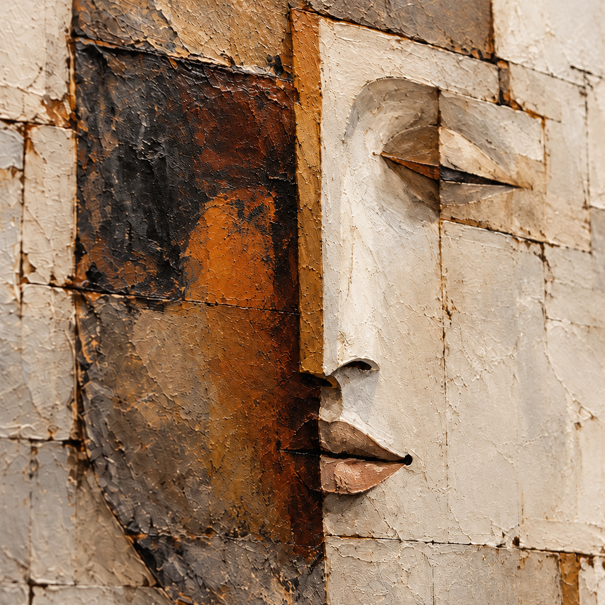 Tesserae-Gaze oil painting brushwork and impasto detail photographed from an oblique side angle