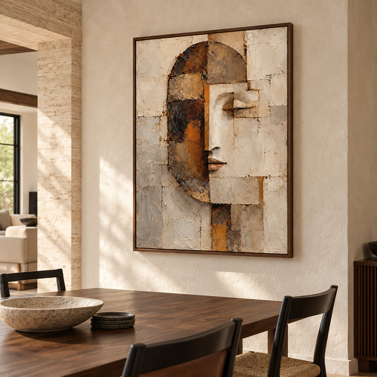 Large portrait anchoring a refined dining room with a dark wood table and pale stone walls.