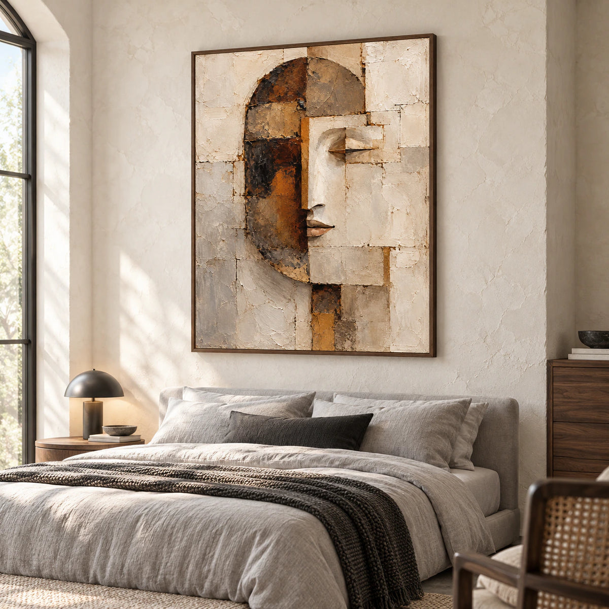 Vertical portrait above a simple low bed in a quiet, daylight-filled bedroom.