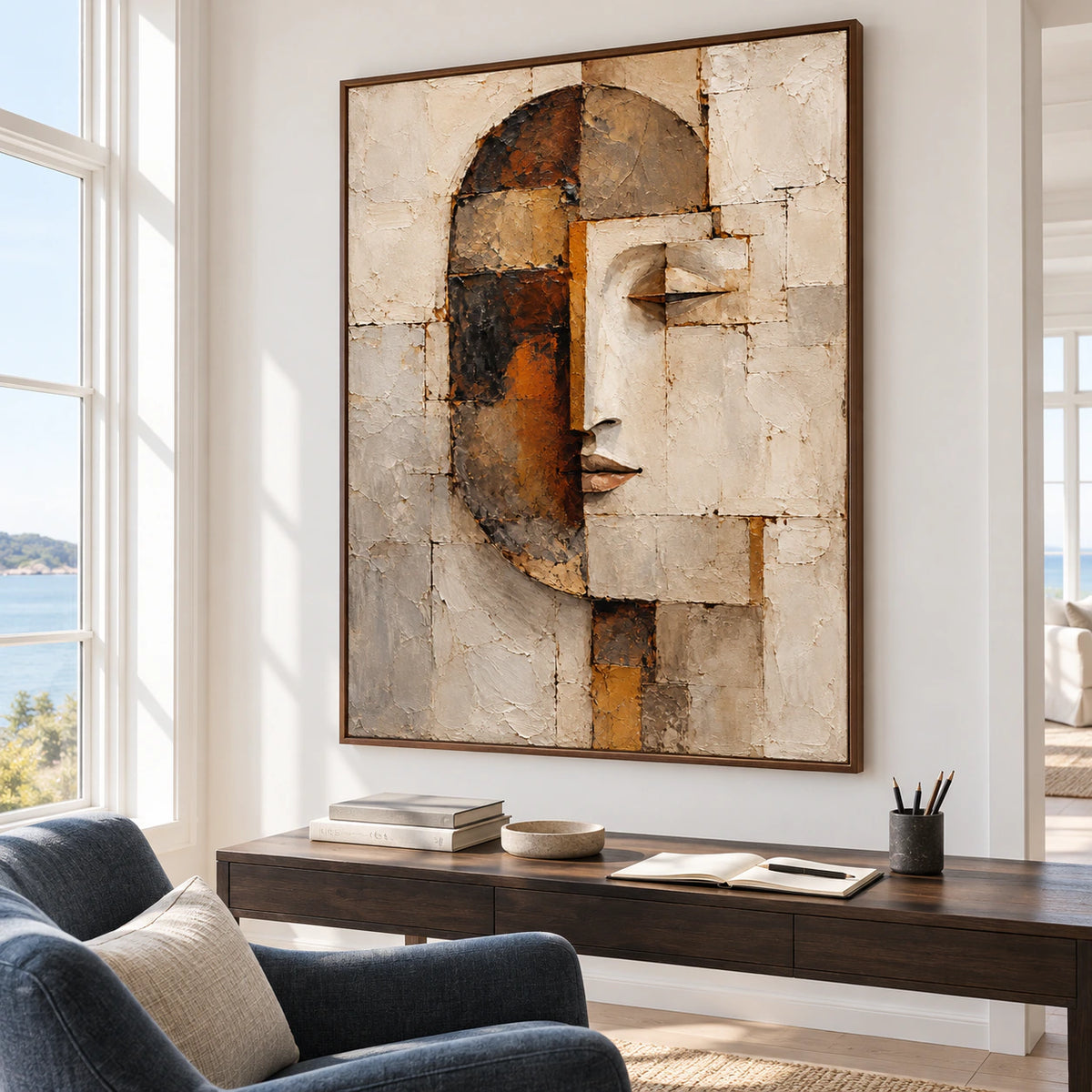 Abstract portrait as the focal point of an airy home office with a clean desk and generous window light.