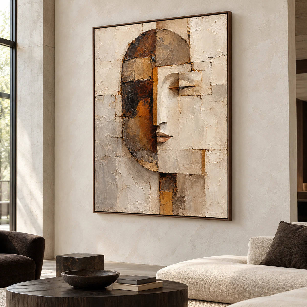 Monumental portrait displayed in a sunlit loft hospitality interior with open architectural volume.