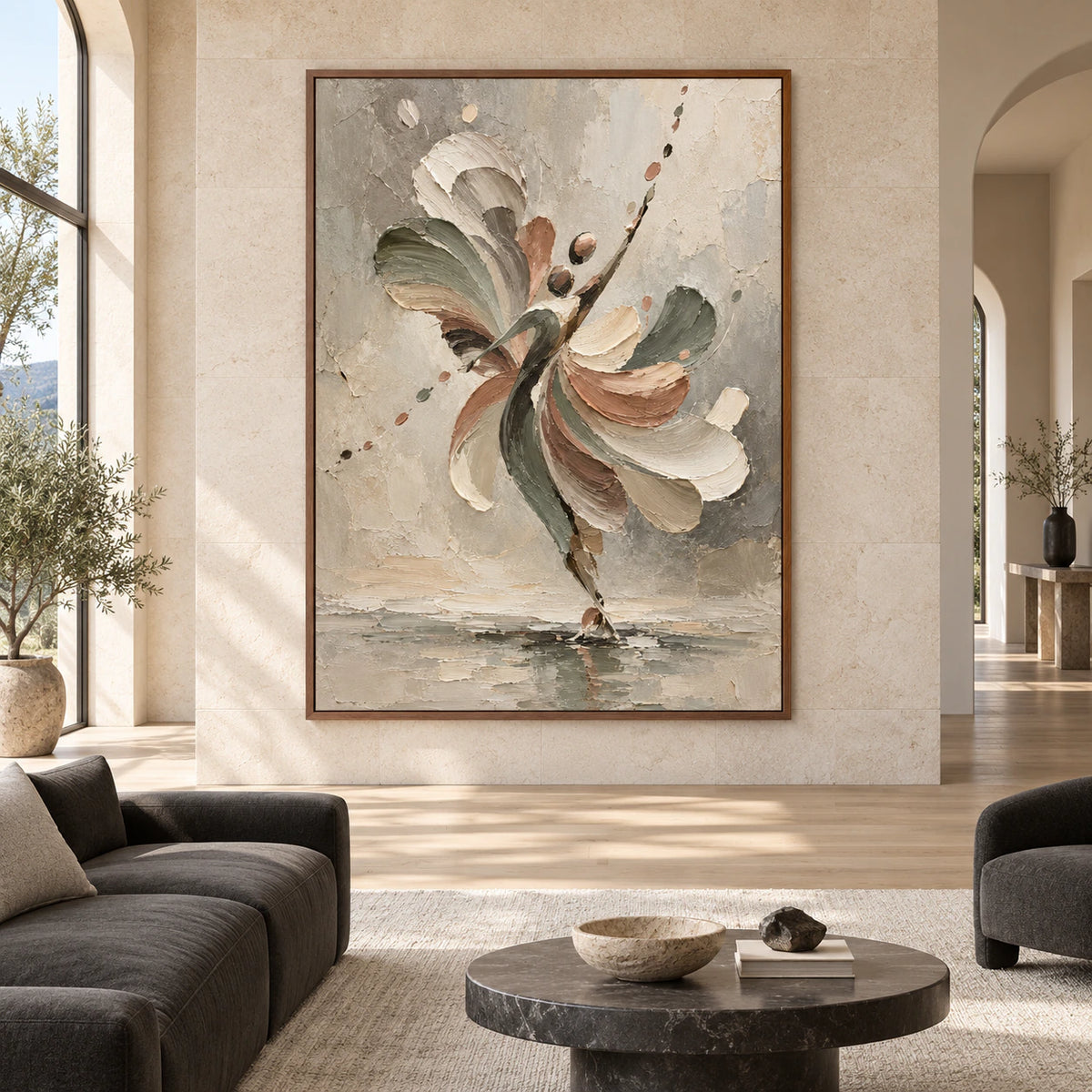 Large straight-on gallery interior with Tethered-Bloom displayed at imposing scale.