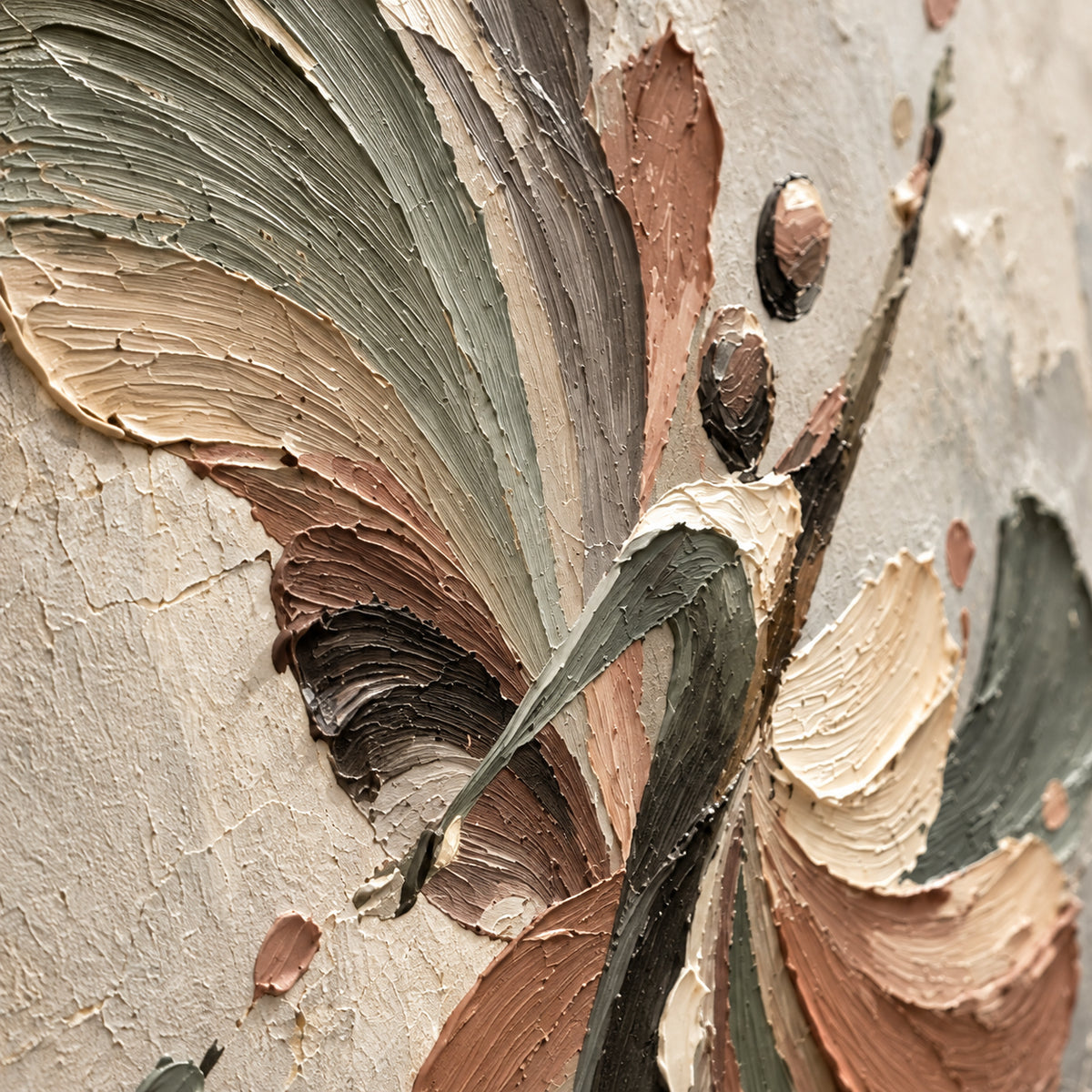 Tethered-Bloom oil painting brushwork and impasto detail photographed from an oblique side angle