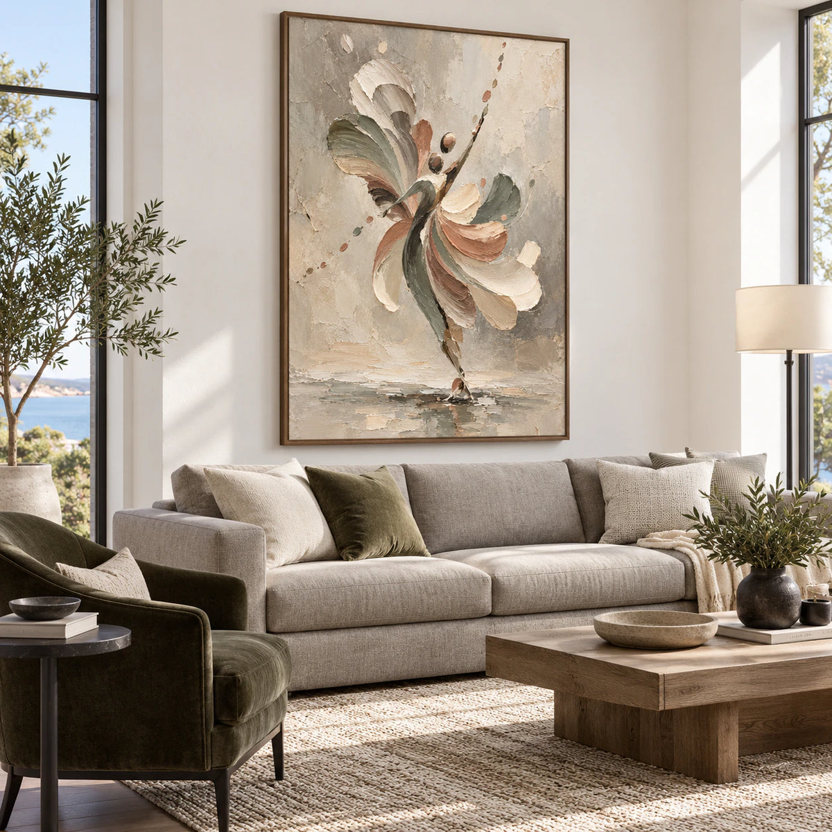 Bright living room with Tethered-Bloom as the large focal artwork.