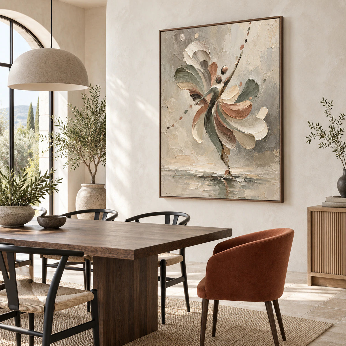 Refined dining room featuring Tethered-Bloom at statement scale.
