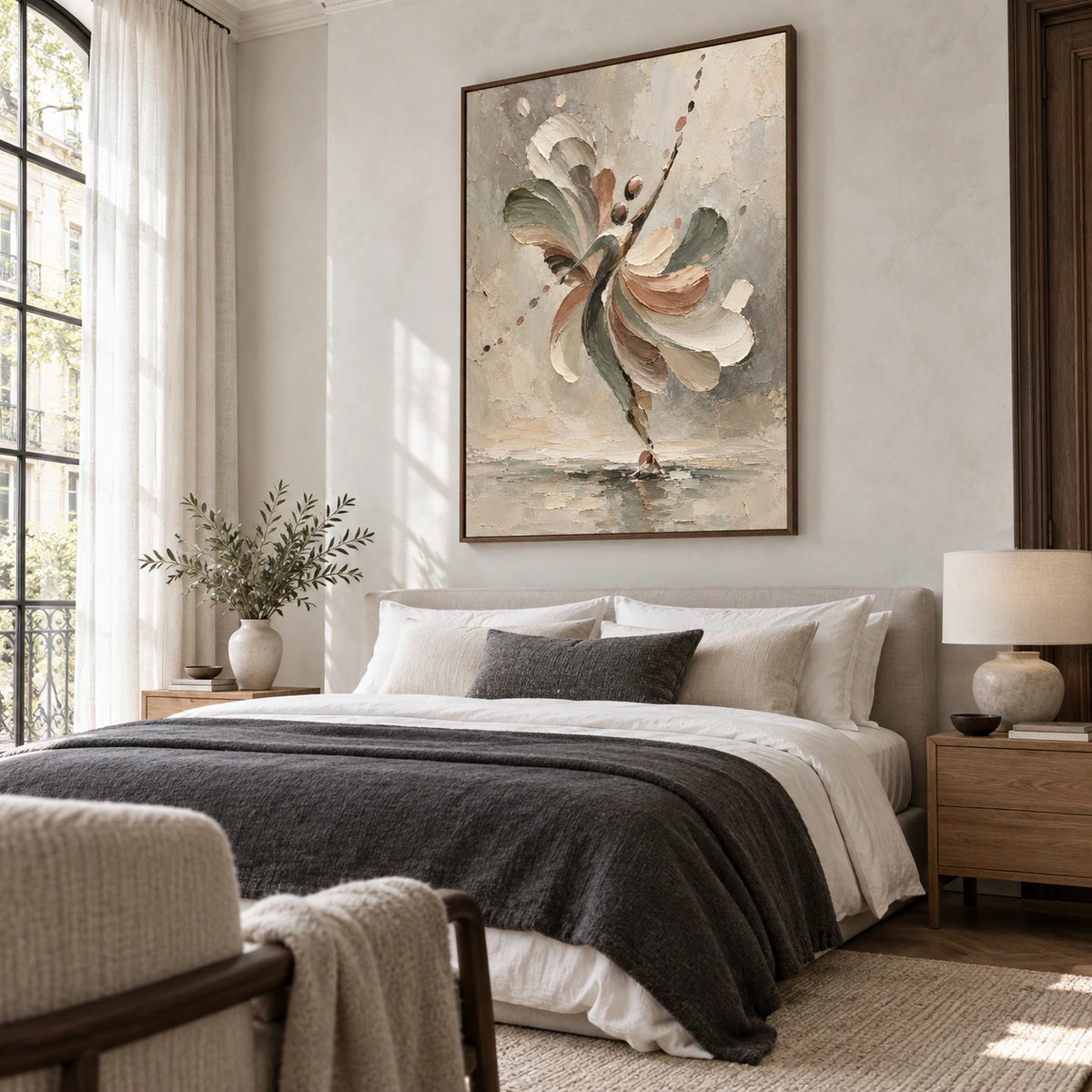 Quiet bedroom with Tethered-Bloom presented above a low upholstered bed.