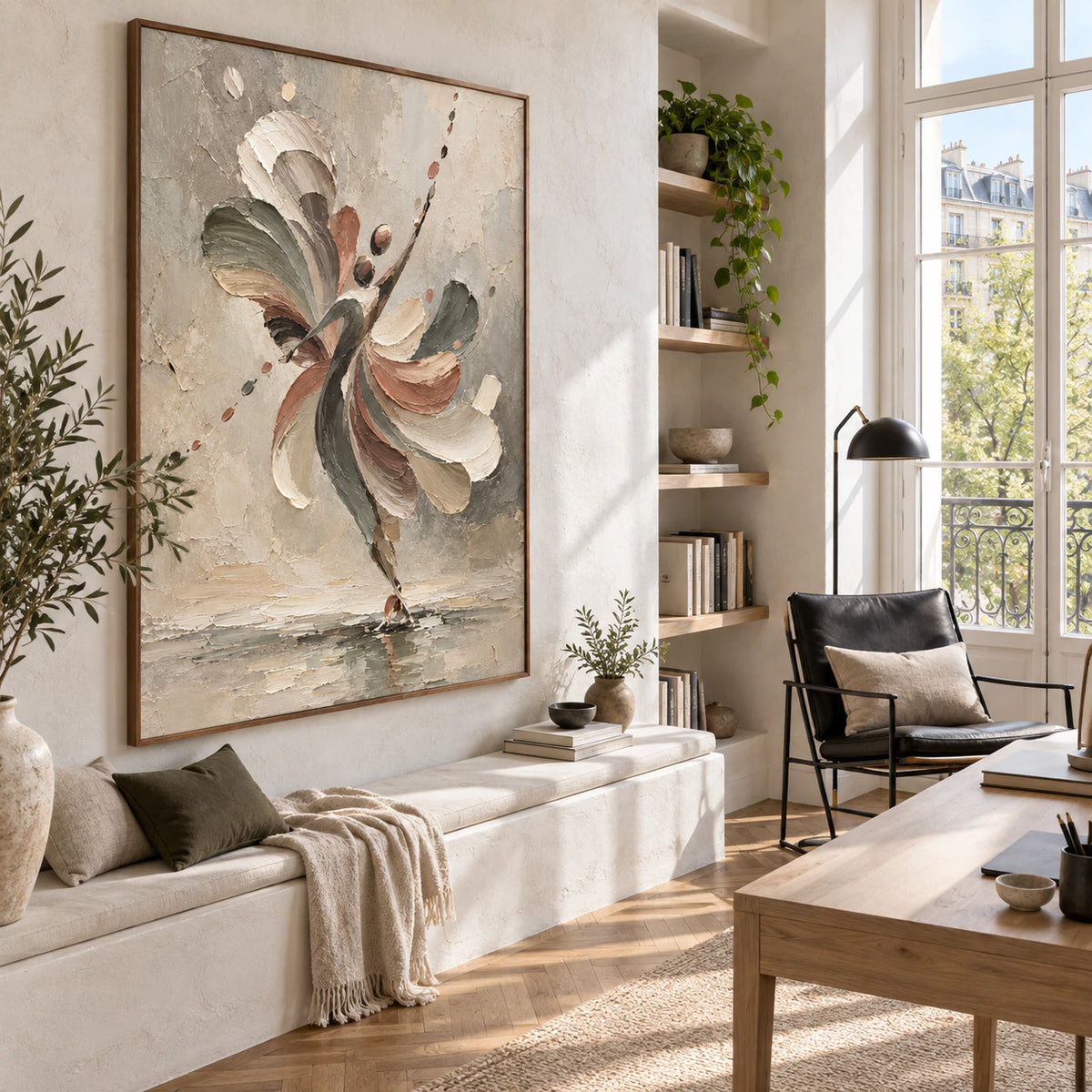 Airy reading office with Tethered-Bloom as the dominant wall artwork.