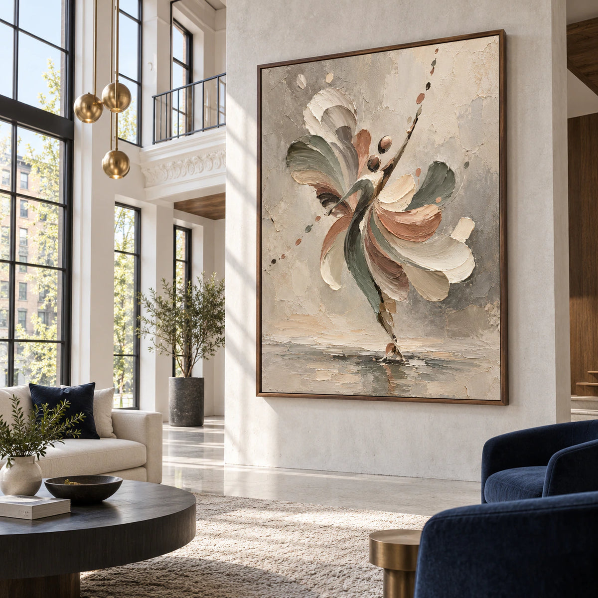 Expansive loft hospitality interior centered on Tethered-Bloom.