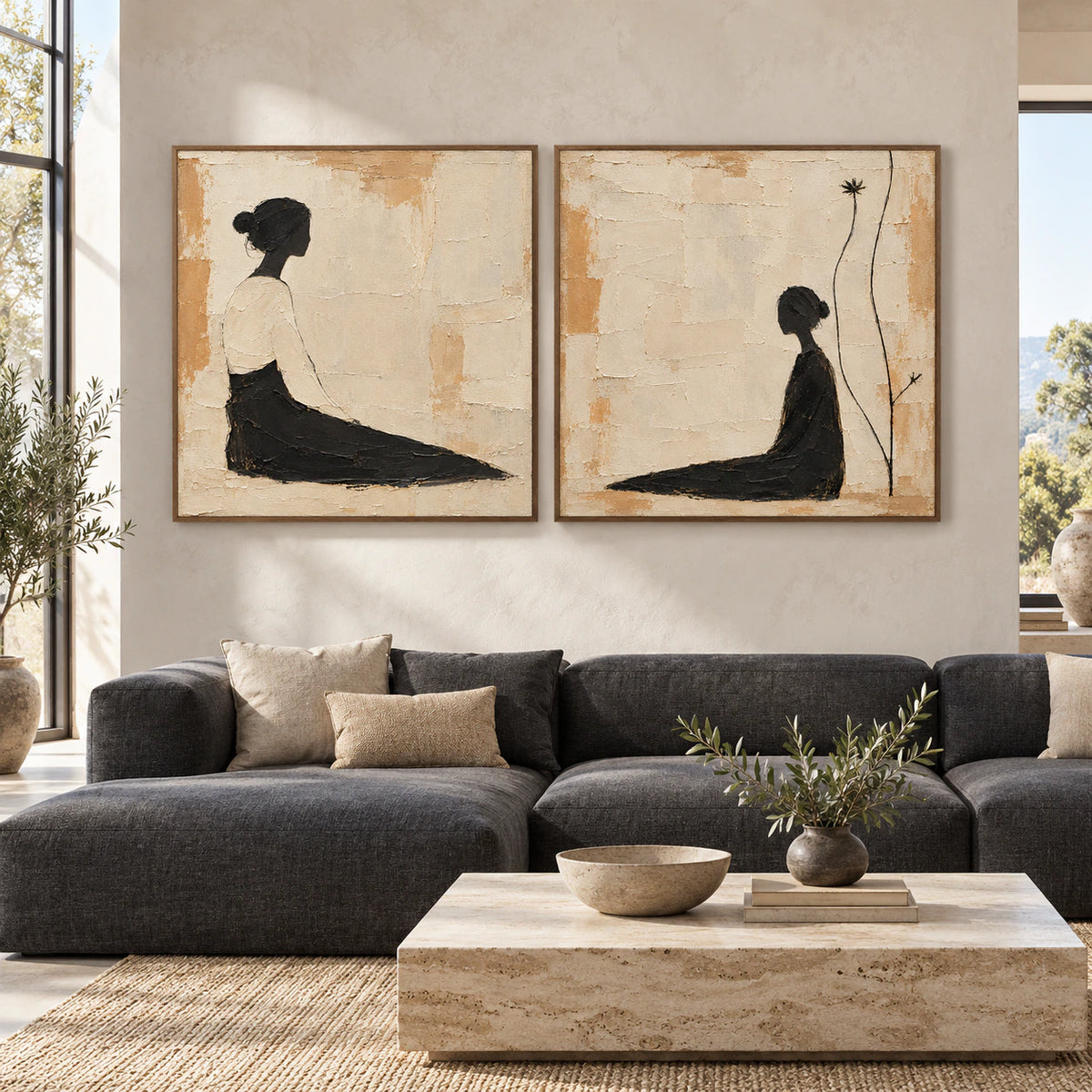 Tethered-Reverie diptych displayed large and straight-on in a bright architectural living space.