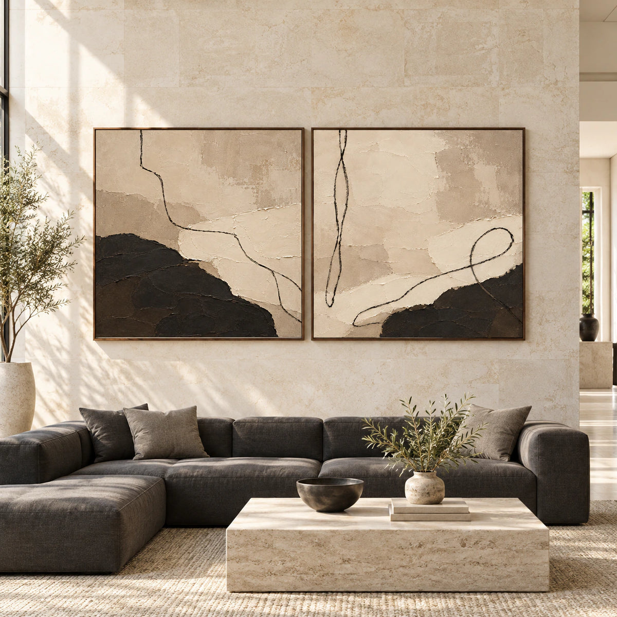 Large square Tethered-Strata diptych in slim walnut frames, installed straight-on in a bright expansive interior.