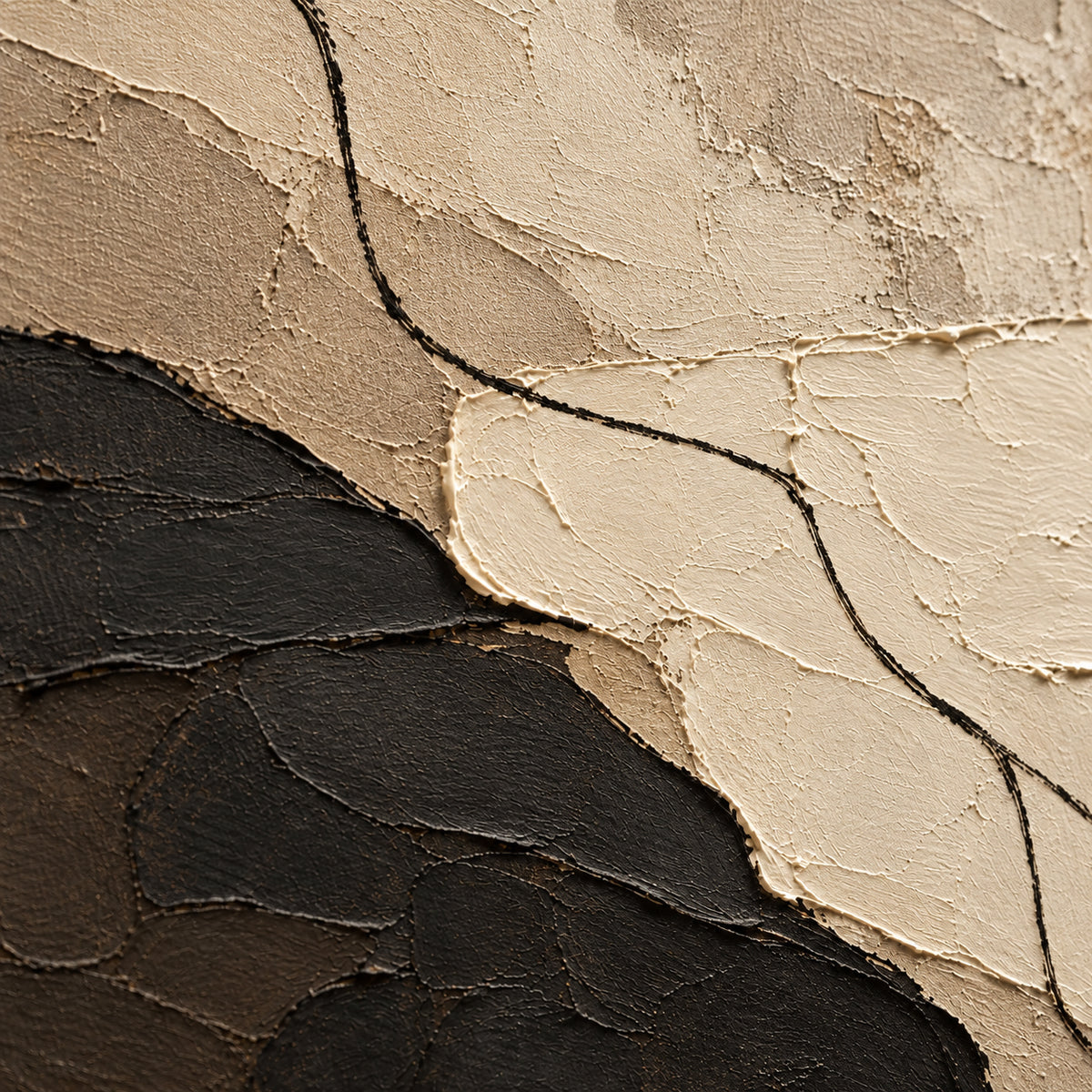 Tethered-Strata oil painting brushwork and impasto detail photographed from an oblique side angle
