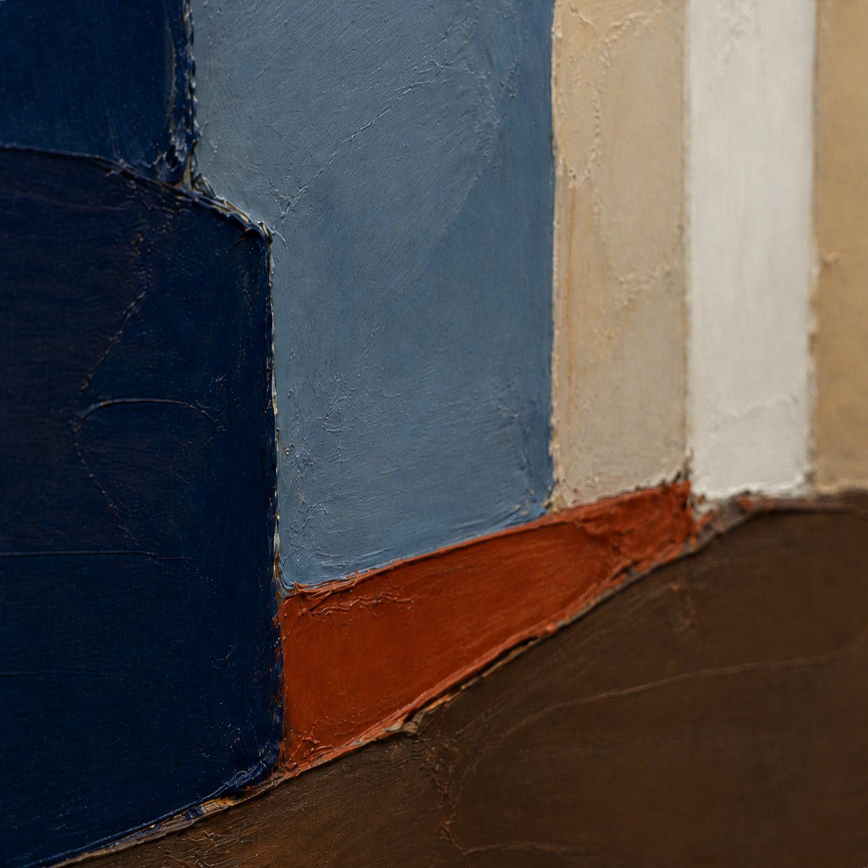 Threshold-Umber oil painting brushwork and impasto detail photographed from an oblique side angle