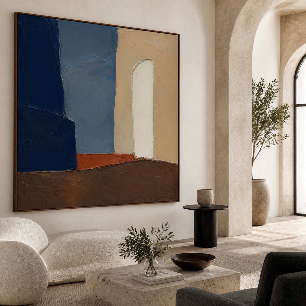 Threshold-Umber as the focal artwork in a bright contemporary living room.