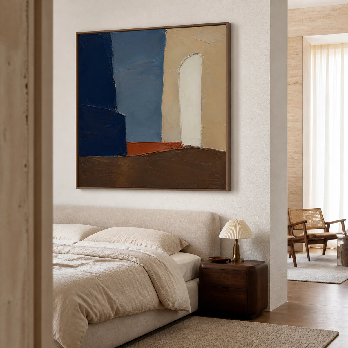 Threshold-Umber bringing quiet structure to a softly lit bedroom.