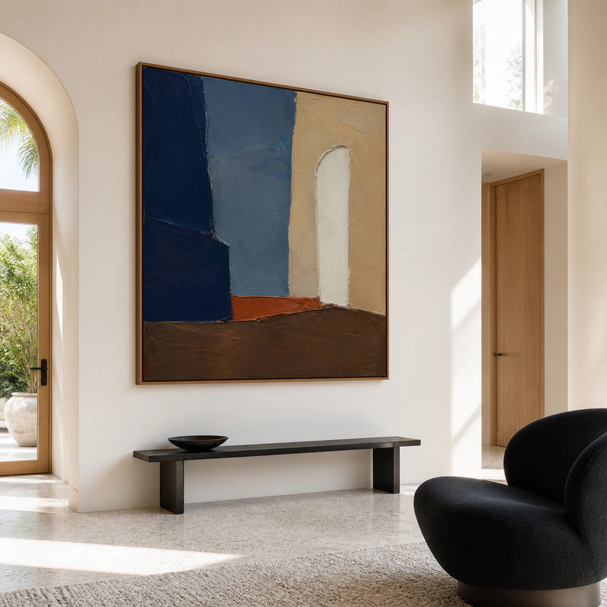 Threshold-Umber presented at gallery scale in a bright foyer.
