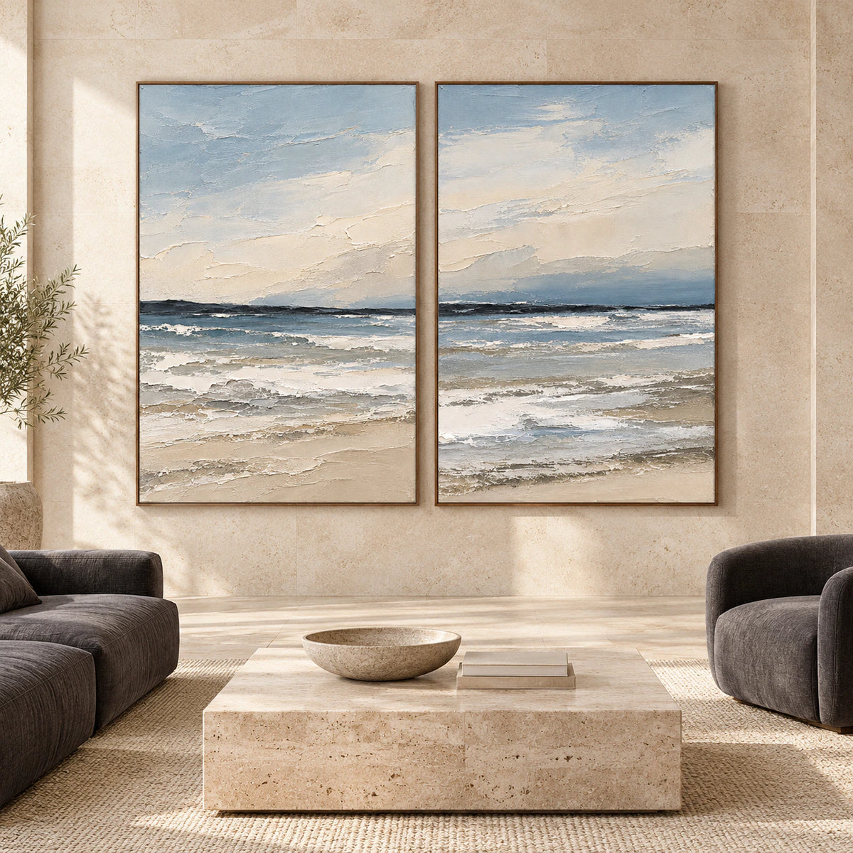 Large straight-on architectural living space with the Tidal-Accord diptych as the focal point.