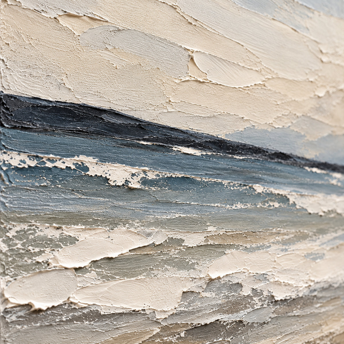 Tidal-Accord oil painting brushwork and impasto detail photographed from an oblique side angle