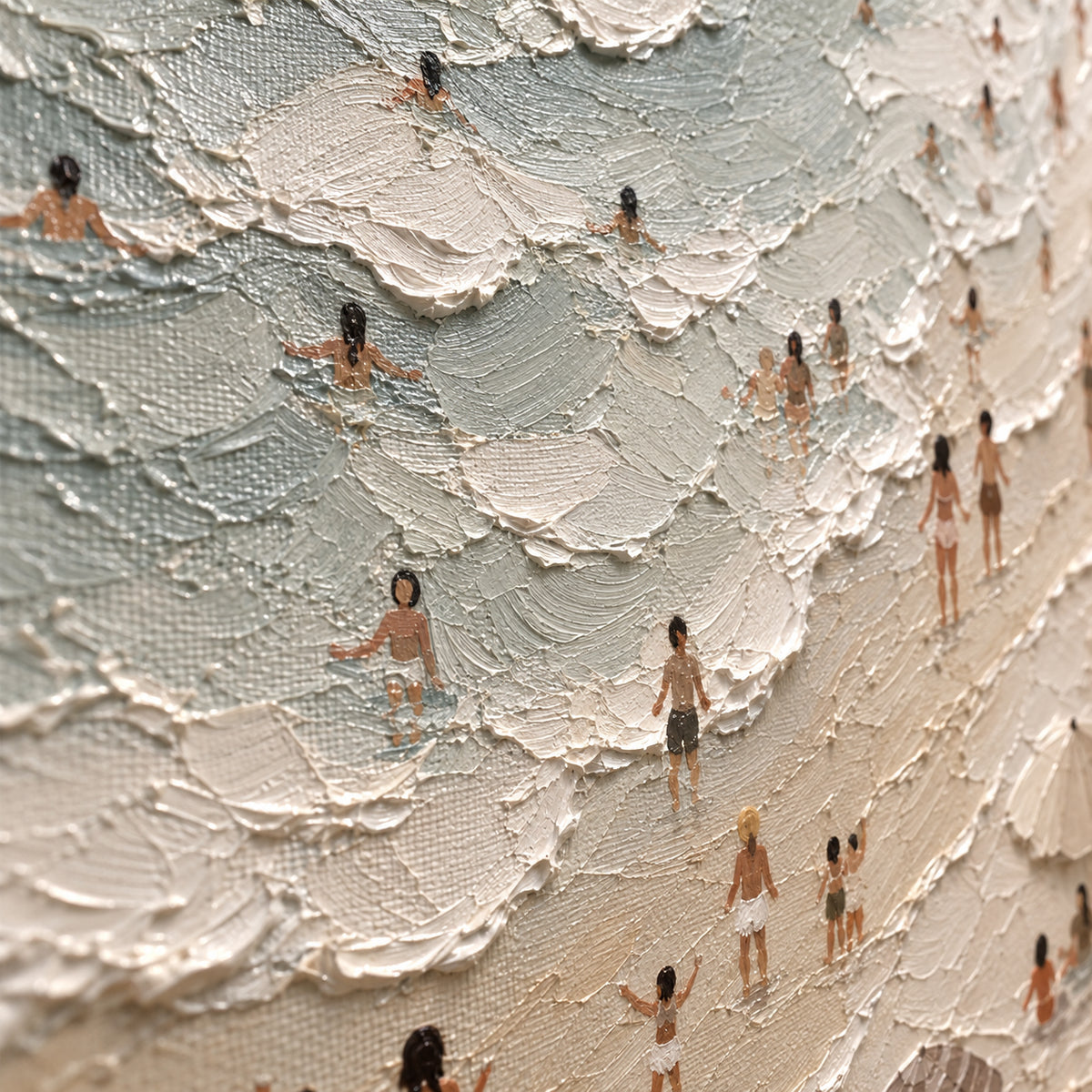 Tidal-Assembly oil painting brushwork and impasto detail photographed from an oblique side angle