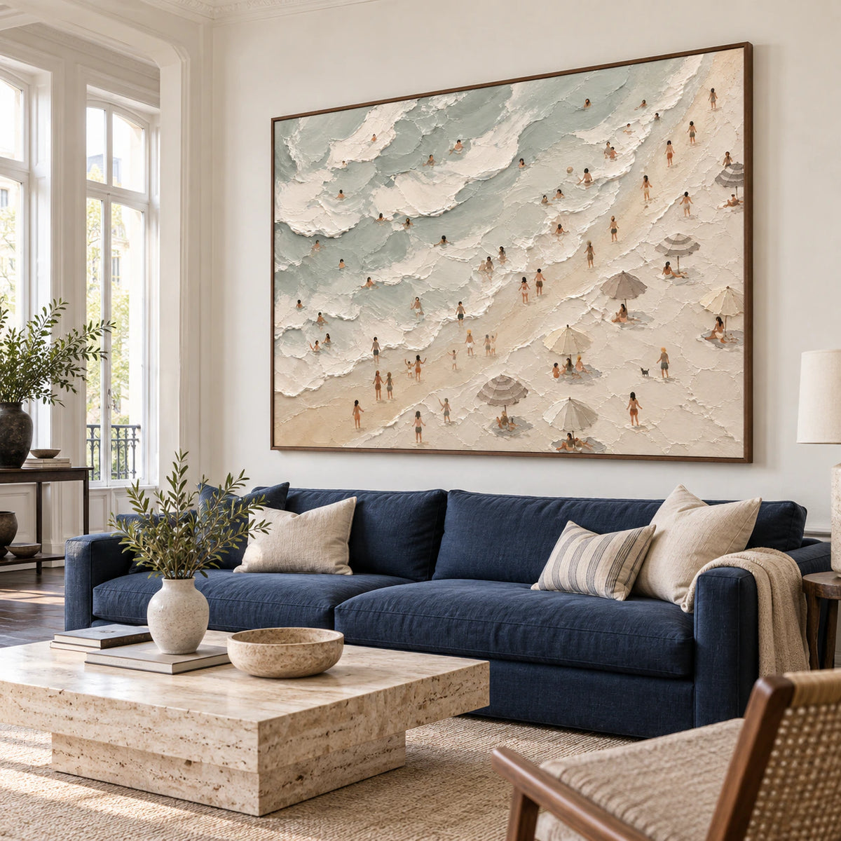Tidal-Assembly above a restrained sofa in a bright contemporary living room.